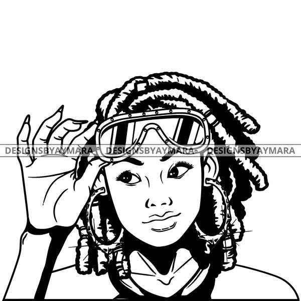 Black Goddess Lola Boss Lady Glasses Nubian Portrait Bamboo Hoop Earrings Sexy Fashion Woman Dreadlocks Hair Style B/W SVG Cutting Files For Silhouette  Cricut