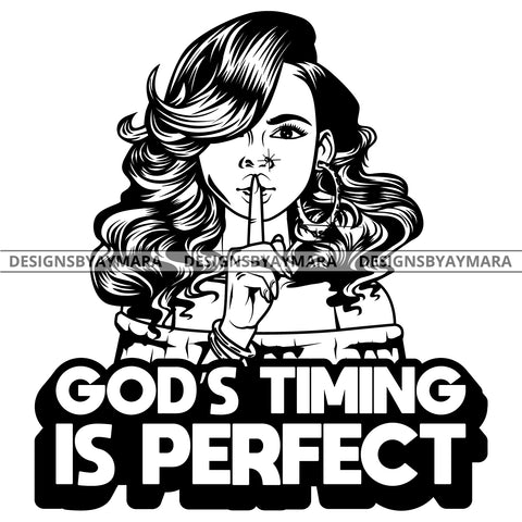 Afro Lola God Quotes God Timing Is Perfect Silent Woman Curly Hair Style B/W SVG Cutting Files For Silhouette Cricut and More