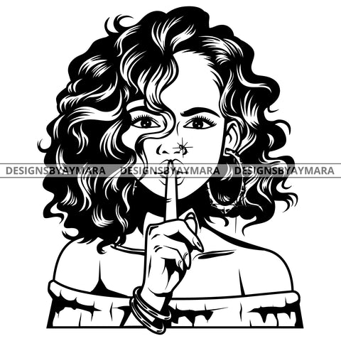 Black Goddess Lola Boss Lady Bamboo Hoop Earrings Sexy Quiet Silence Woman Curly Hair Style B/W SVG Cutting Files For Silhouette  Cricut