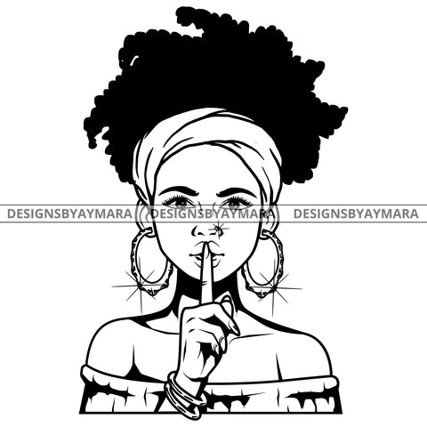 Black Goddess Lola Boss Lady Bamboo Hoop Earrings Turban Sexy Quiet Silence Woman Up Do Hair Style B/W SVG Cutting Files For Silhouette  Cricut