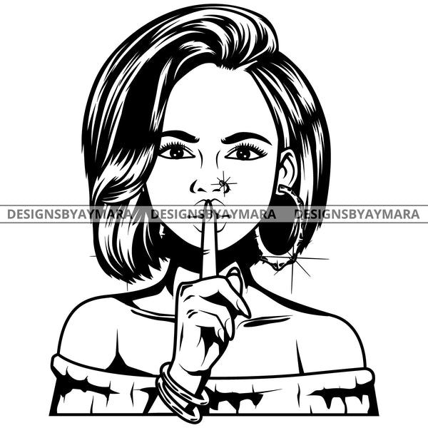 Black Goddess Lola Boss Lady Bamboo Hoop Earrings Sexy Quiet Silence Woman Straight Hair Style B/W SVG Cutting Files For Silhouette  Cricut