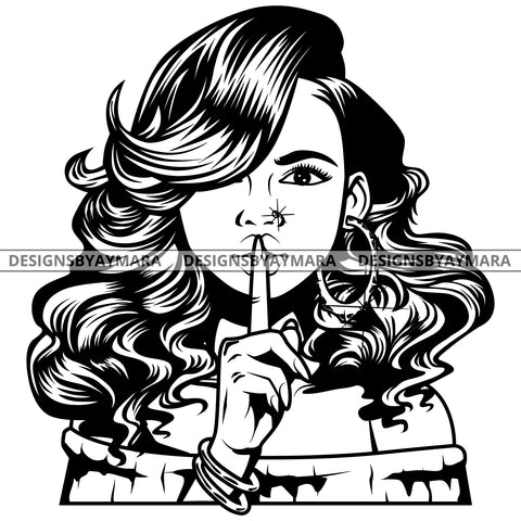 Black Goddess Lola Boss Lady Bamboo Hoop Earrings Sexy Quiet Silence Woman Wavy Hair Style B/W SVG Cutting Files For Silhouette  Cricut