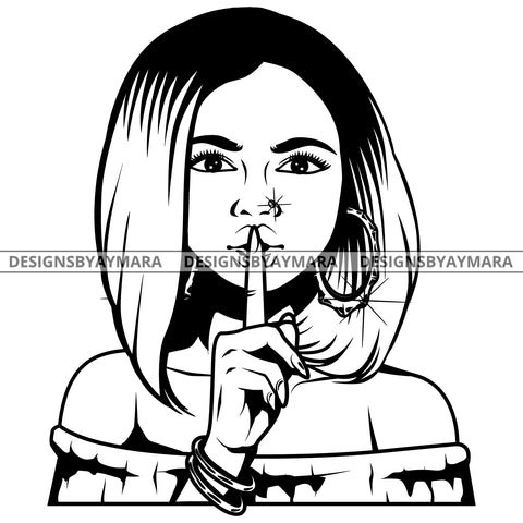 Black Goddess Lola Boss Lady Bamboo Hoop Earrings Sexy Quiet Silence Woman Straight Hair Style B/W SVG Cutting Files For Silhouette  Cricut