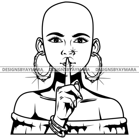 Black Goddess Lola Boss Lady Bamboo Hoop Earrings Sexy Quiet Silence Woman Bald Hair Style B/W SVG Cutting Files For Silhouette  Cricut