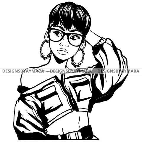 Black Goddess Lola Boss Lady Glasses Nubian Portrait  Bamboo Hoop Earrings Sexy Woman Short Hair Style B/W SVG Cutting Files For Silhouette  Cricut