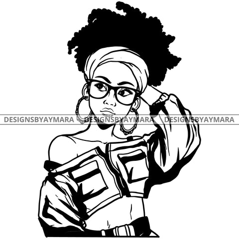 Black Goddess Lola Boss Lady Glasses Nubian Portrait Turban Bamboo Hoop Earrings Sexy Woman Up Do Hair Style B/W SVG Cutting Files For Silhouette  Cricut