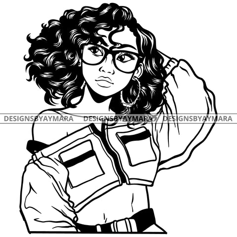 Black Goddess Lola Boss Lady Glasses Nubian Portrait  Bamboo Hoop Earrings Sexy Woman Curly Hair Style B/W SVG Cutting Files For Silhouette  Cricut