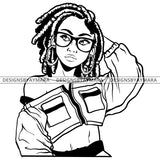 Black Goddess Lola Boss Lady Glasses Nubian Portrait  Bamboo Hoop Earrings Sexy Woman Dreadlocks Hair Style B/W SVG Cutting Files For Silhouette  Cricut