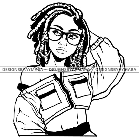 Black Goddess Lola Boss Lady Glasses Nubian Portrait  Bamboo Hoop Earrings Sexy Woman Dreadlocks Hair Style B/W SVG Cutting Files For Silhouette  Cricut
