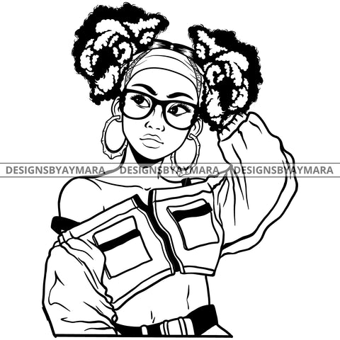 Black Goddess Lola Boss Lady Glasses Nubian Portrait  Bamboo Hoop Earrings Sexy Woman Pigtails Hair Style B/W SVG Cutting Files For Silhouette  Cricut
