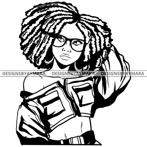 Black Goddess Lola Boss Lady Glasses Nubian Portrait  Bamboo Hoop Earrings Sexy Woman Afro Hair Style B/W SVG Cutting Files For Silhouette  Cricut