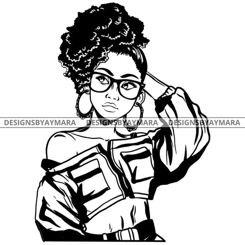 Black Goddess Lola Boss Lady Glasses Nubian Portrait Bamboo Hoop Earrings Sexy Woman Up Do Hair Style B/W SVG Cutting Files For Silhouette  Cricut
