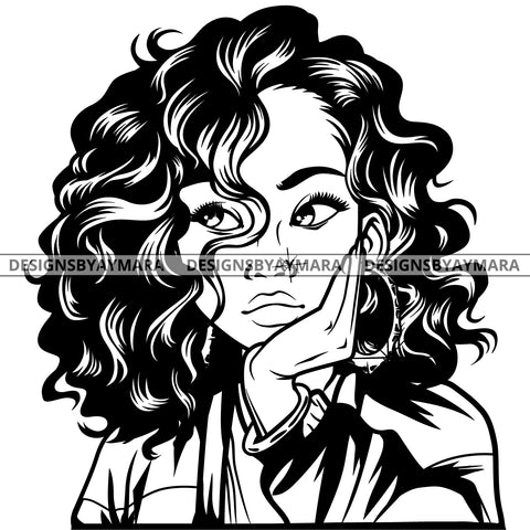 Black Goddess Lola Boss Lady Nubian Portrait Worried Bamboo Hoop Earrings Sexy Woman Curly Hair Style B/W SVG Cutting Files For Silhouette  Cricut