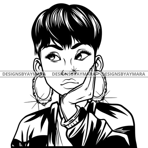 Black Goddess Lola Boss Lady Nubian Portrait Worried Bamboo Hoop Earrings Sexy Woman Short Hair Style B/W SVG Cutting Files For Silhouette  Cricut