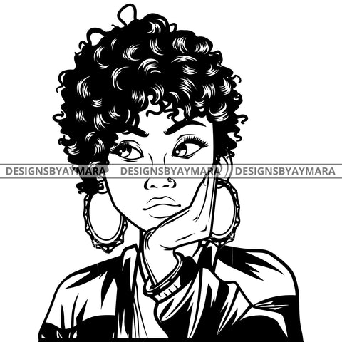 Black Goddess Lola Boss Lady Nubian Portrait Worried Bamboo Hoop Earrings Sexy Woman Short Hair Style B/W SVG Cutting Files For Silhouette  Cricut