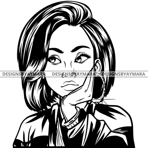 Black Goddess Lola Boss Lady Nubian Portrait Worried Bamboo Hoop Earrings Sexy Woman Straight Hair Style B/W SVG Cutting Files For Silhouette  Cricut