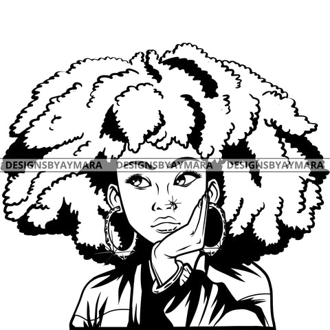 Black Goddess Lola Boss Lady Nubian Portrait Worried Bamboo Hoop Earrings Sexy Woman Afro Hair Style B/W SVG Cutting Files For Silhouette  Cricut