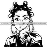 Black Goddess Lola Boss Lady Nubian Portrait Worried Bamboo Hoop Earrings Sexy Woman Banku Knots Hair Style B/W SVG Cutting Files For Silhouette  Cricut