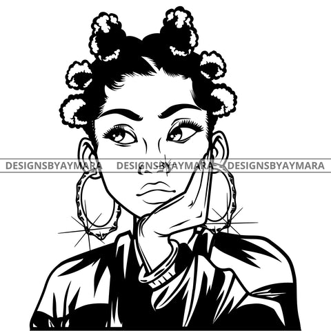 Black Goddess Lola Boss Lady Nubian Portrait Worried Bamboo Hoop Earrings Sexy Woman Banku Knots Hair Style B/W SVG Cutting Files For Silhouette  Cricut