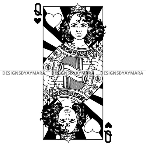 Black Goddess Lola Queen Of Hearts Crown Royalty Hoop Earrings Woman Curly Hair Style B/W SVG Cutting Files For Silhouette  Cricut