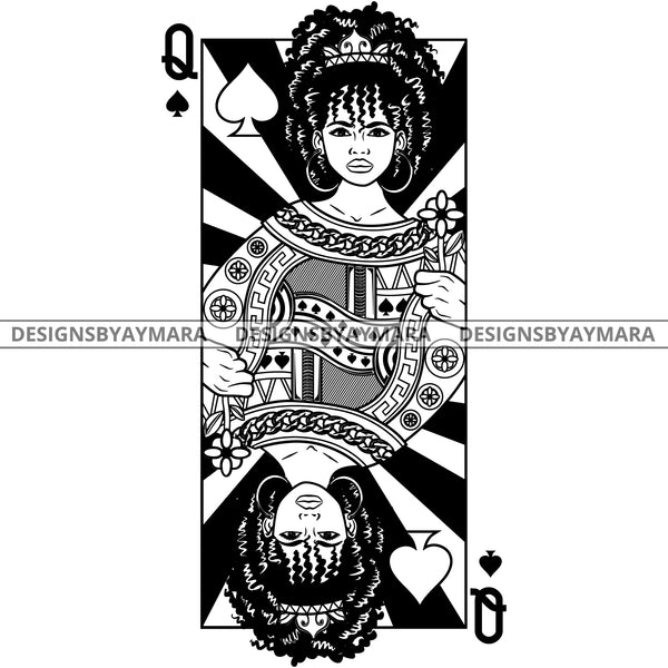 Black Goddess Lola Queen Of Hearts Crown Royalty Hoop Earrings Woman Curly Hair Style B/W SVG Cutting Files For Silhouette  Cricut