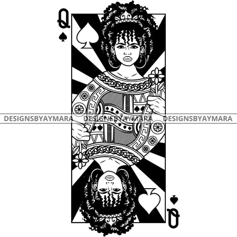 Black Goddess Lola Queen Of Hearts Crown Royalty Hoop Earrings Woman Curly Hair Style B/W SVG Cutting Files For Silhouette  Cricut