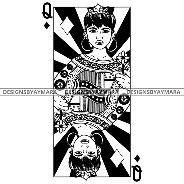 Black Goddess Lola Queen Of Hearts Crown Royalty Hoop Earrings Woman Short Hair Style B/W SVG Cutting Files For Silhouette  Cricut