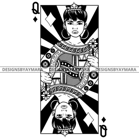Black Goddess Lola Queen Of Hearts Crown Royalty Hoop Earrings Woman Short Hair Style B/W SVG Cutting Files For Silhouette  Cricut