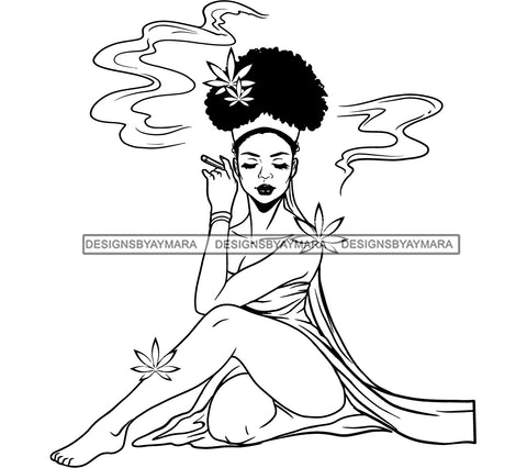 Hot Girls Smoke Pot Marijuana Afro Hairstyle Black And White African And American Woman Sitting Pose Marijuana Leaf BW SVG JPG PNG Vector Clipart Cricut Silhouette Cut Cutting