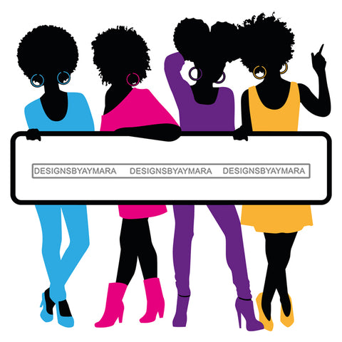 Group Of Black Women Silhouettes Holding Banner Sign Logo Business Advertising Melanin Hot Seller SVG Cut Files For Silhouette Cricut More