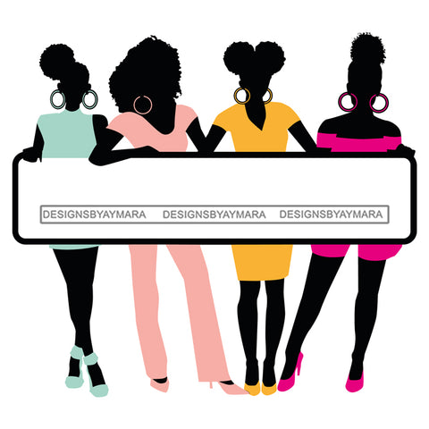 Group Of Black Women Silhouettes Holding Banner Sign Logo Business Advertising Melanin Hot Seller SVG Cut Files For Silhouette Cricut More