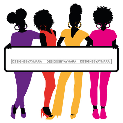 Group Of Black Women Silhouettes Holding Banner Sign Logo Business Advertising Melanin Hot Seller SVG Cut Files For Silhouette Cricut More