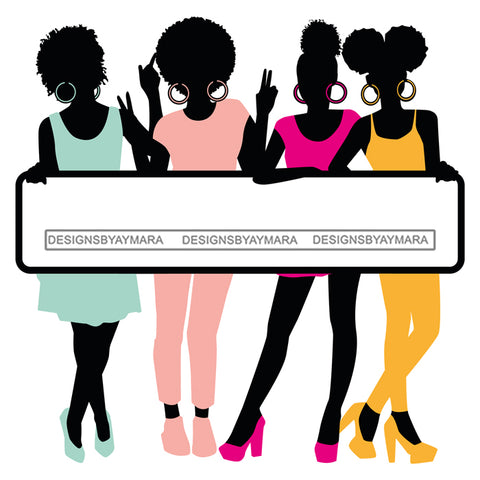 Group Of Black Women Silhouettes Holding Banner Sign Logo Business Advertising Melanin Hot Seller SVG Cut Files For Silhouette Cricut More