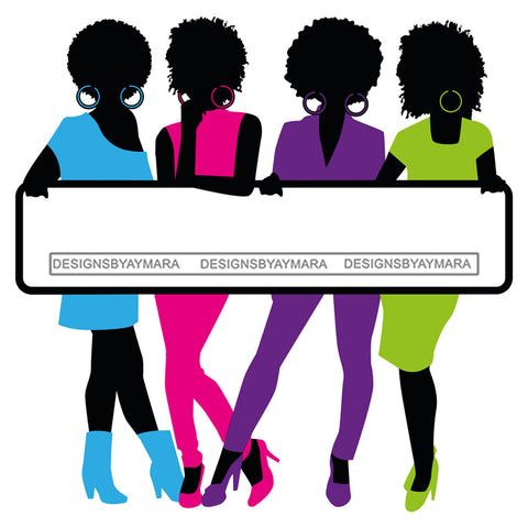 Group Of Black Women Silhouettes Holding Banner Sign Logo Business Advertising Melanin Hot Seller SVG Cut Files For Silhouette Cricut More