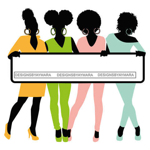 Group Of Black Women Silhouettes Holding Banner Sign Logo Business Advertising Melanin Hot Seller SVG Cut Files For Silhouette Cricut More