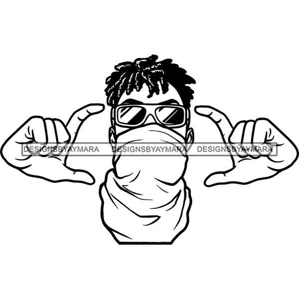 Black Man Wearing Neck Gaiter Face Mask Sunglasses Gangster Gansta Street Money B/W SVG JPG PNG Vector Clipart Cricut Silhouette Cut Cutting