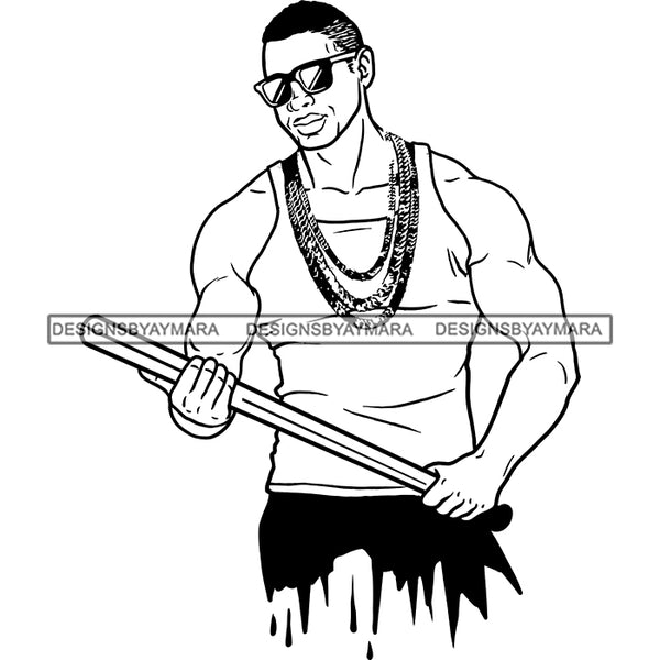 Strong Black Man Dripping Pants Holding Baseball Bat Sunglasses Gansta Money B/W SVG JPG PNG Vector Clipart Cricut Silhouette Cut Cutting