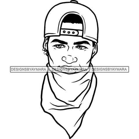 Black Man Wearing Bandana Baseball Cap Backward Gangster Gansta Street Money B/W SVG JPG PNG Vector Clipart Cricut Silhouette Cut Cutting