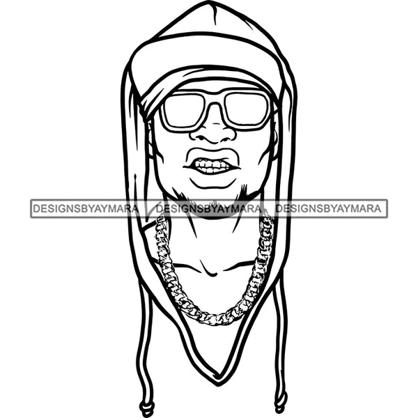 Black Man Wearing Hoodie Baseball Cap Sunglasses Necklace Gansta Street B/W SVG JPG PNG Vector Clipart Cricut Silhouette Cut Cutting