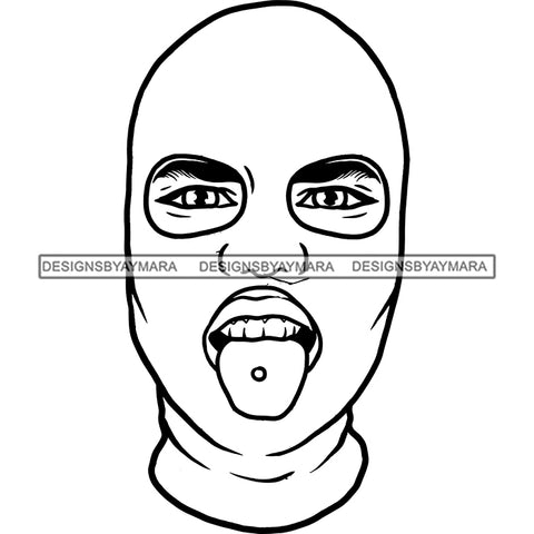 Black Man Wearing Ski Mask Tongue Piercing Gangster Gansta Money Lifestyle B/W SVG JPG PNG Vector Clipart Cricut Silhouette Cut Cutting