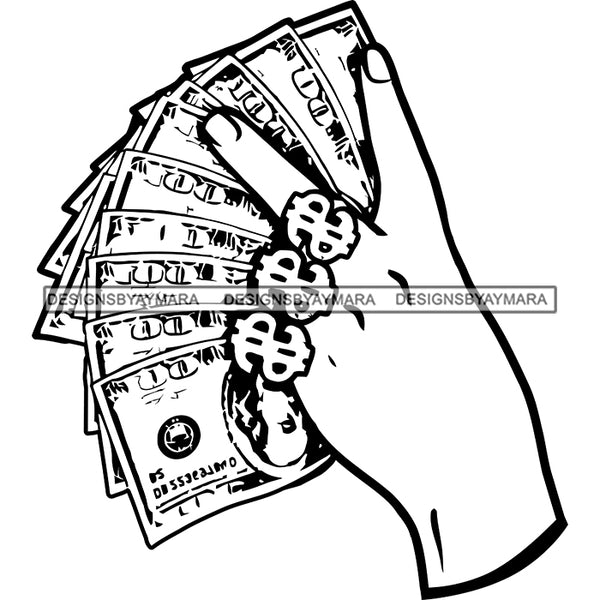 Man Hand Wearing Dollar Sign Rings Holding Dollars Gangster Dealer Business B/W SVG JPG PNG Vector Clipart Cricut Silhouette Cut Cutting