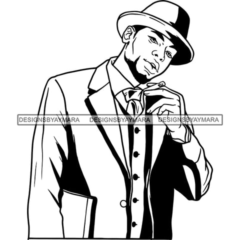 Sexy Black Man Sophisticated Holding Cigar Classic Hat Fashion Style B/W SVG JPG PNG Vector Clipart Cricut Silhouette Cut Cutting