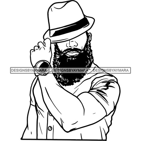 Sexy Black Man Attractive Bearded Earring Classic Hat Watch Fashion Style B/W SVG JPG PNG Vector Clipart Cricut Silhouette Cut Cutting