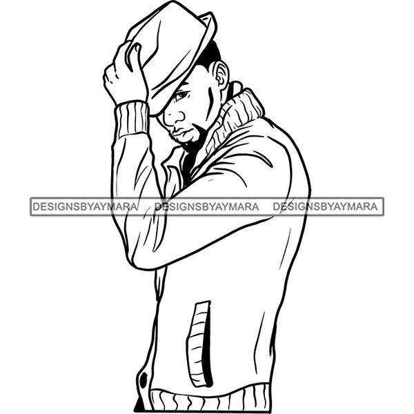 Sexy Black Man Confident Wearing Sweater Holding Hat Fashion Style B/W SVG JPG PNG Vector Clipart Cricut Silhouette Cut Cutting