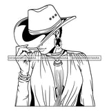 Black And White Afro Woman Wearing Caucasian Hat And Hoop Earing African American Woman Side Face BW Design Element SVG JPG PNG Vector Clipart Cricut Silhouette Cut Cutting
