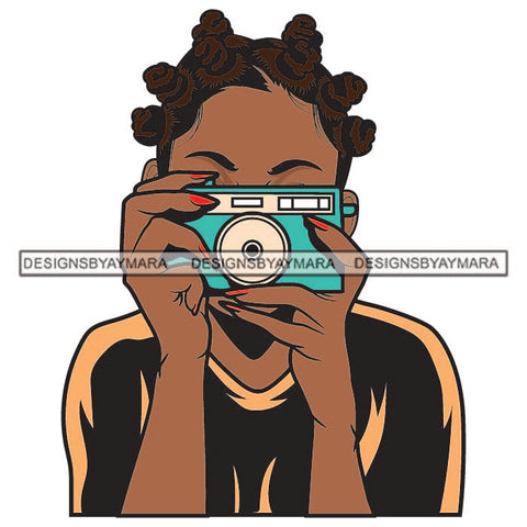 Photographer Lola Afro Girl Black Woman Bantu Knots Hairstyle Artist Profession Picture Designs For T-Shirt and Other Products SVG PNG JPG Cutting Files For Silhouette Cricut and More!