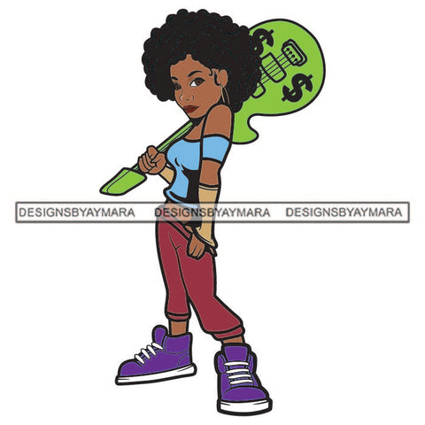 Music Artist Lola Afro Guitar Girl Dollar Sign Swag Fashion Black Woman Hustling Money Cash Designs For T-Shirt and Other Products SVG PNG JPG Cutting Files For Silhouette Cricut and More!