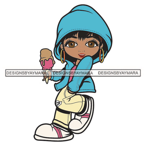 Cute Lola Afro Girl Eating Ice-cream Hoodie Baggy Pants Sneakers Black Woman Melanin Nubian Designs For T-Shirt and Other Products SVG PNG JPG Cutting Files For Silhouette Cricut and More!