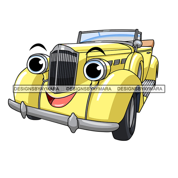 Yellow Vintage 50's 60's 70's Old School Car Cartoon Character Automobile Luxurious Muscle Machine Speed Transportation Antique SVG JPG PNG Vector Clipart Cricut Silhouette Cut Cutting