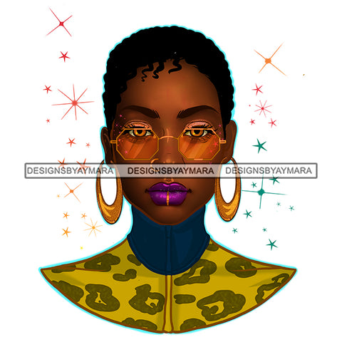 Beautiful Black Woman Short Afro Gold Hoops  JPG PNG Vector Clipart Cricut Silhouette Cut Cutting